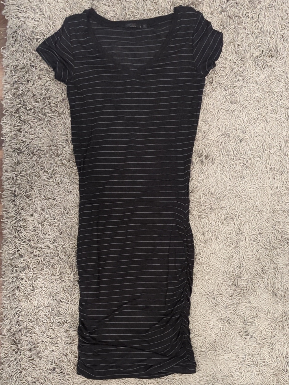 Prana Black Midi Dress with Thin Gray Stripes
